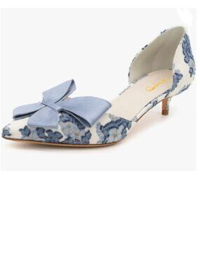 XYD Blue Bloom Embroidery D'Orsay Kitten Heel Bridal Bowknot Point Toe Pumps